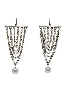 Silver Tone Chain Tassel Dangle Earrings Faux Pearl Drop Statement Boho Chic